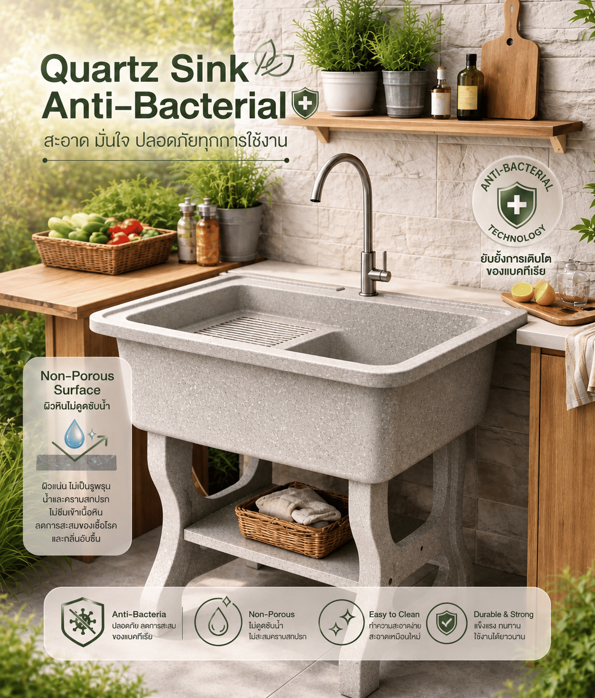 อ่างล้างจานขาตั้ง หินควอตซ์ 1 หลุม 1 ที่พัก DINOSAUR WASHTUB ขนาด 80X60X23ซม. สีออฟไวท์_1